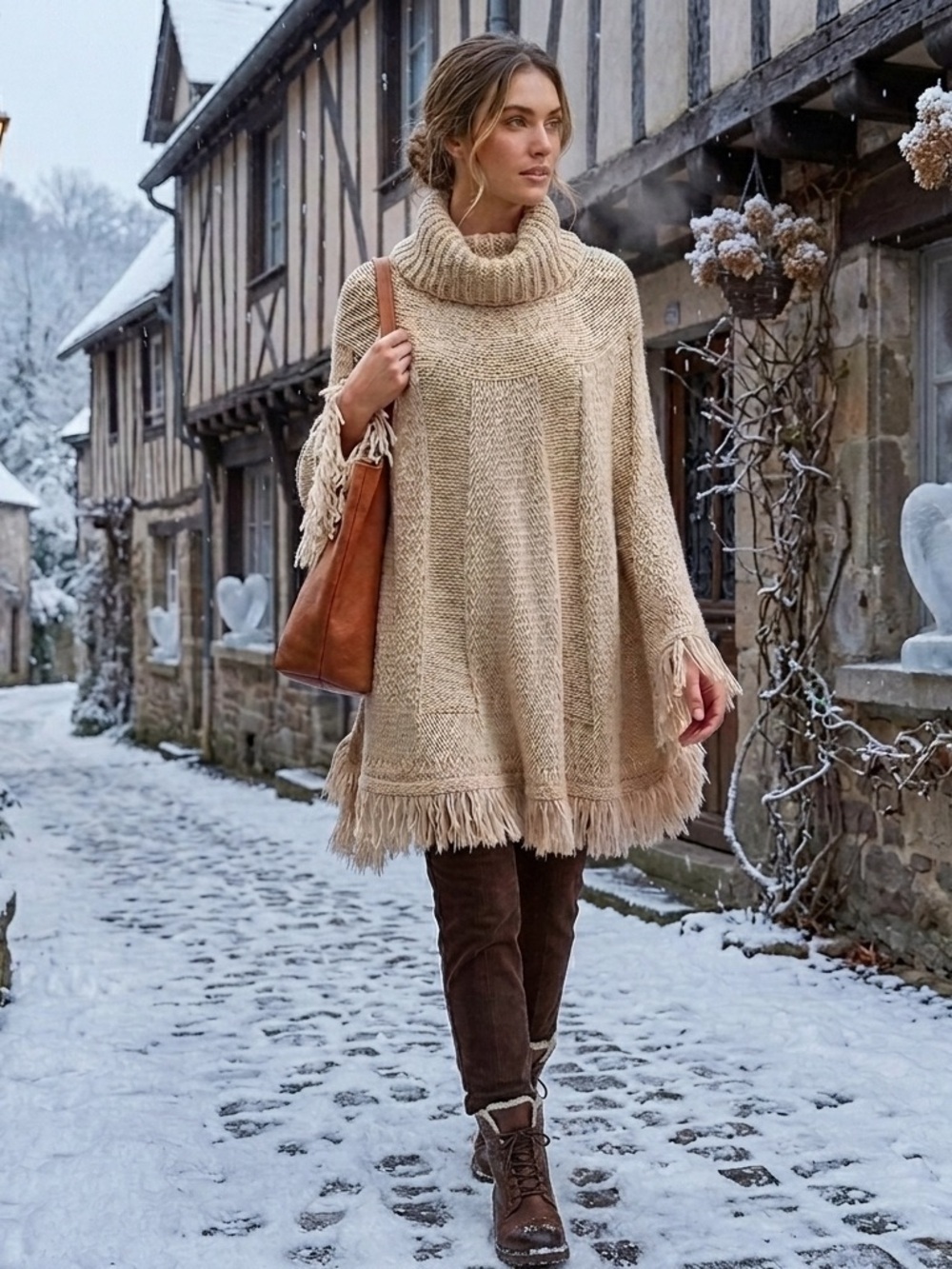 Iperico Italian alpaca blend cable knit cowl turtleneck fringe pullover cape